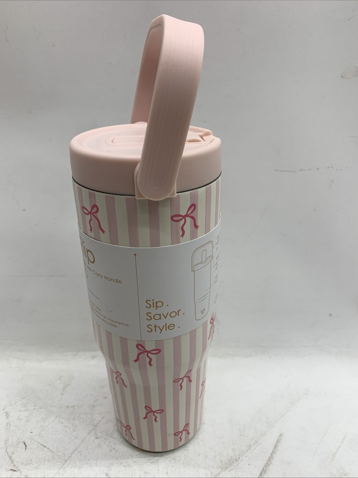 SANDJEST Bow Stainless Steel 30oz Beverage Water Tumbler w/Flip Straw & Handle