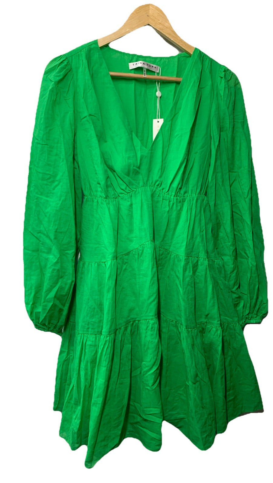 Trina Turk Women A Line Cotton Dress S Green Pull On V-neck Long Balloon Sleeve