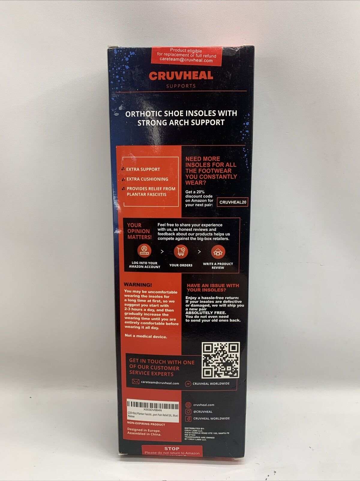 Cruv Heal Arch Support Work Orthotic Insoles Anti Fatigue Size XL 220+ Lbs  Blue