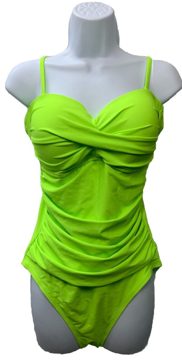 RELLECIGA Women's Strapless One Piece Ruched Swimsuit Size L Swimwear Neon Green