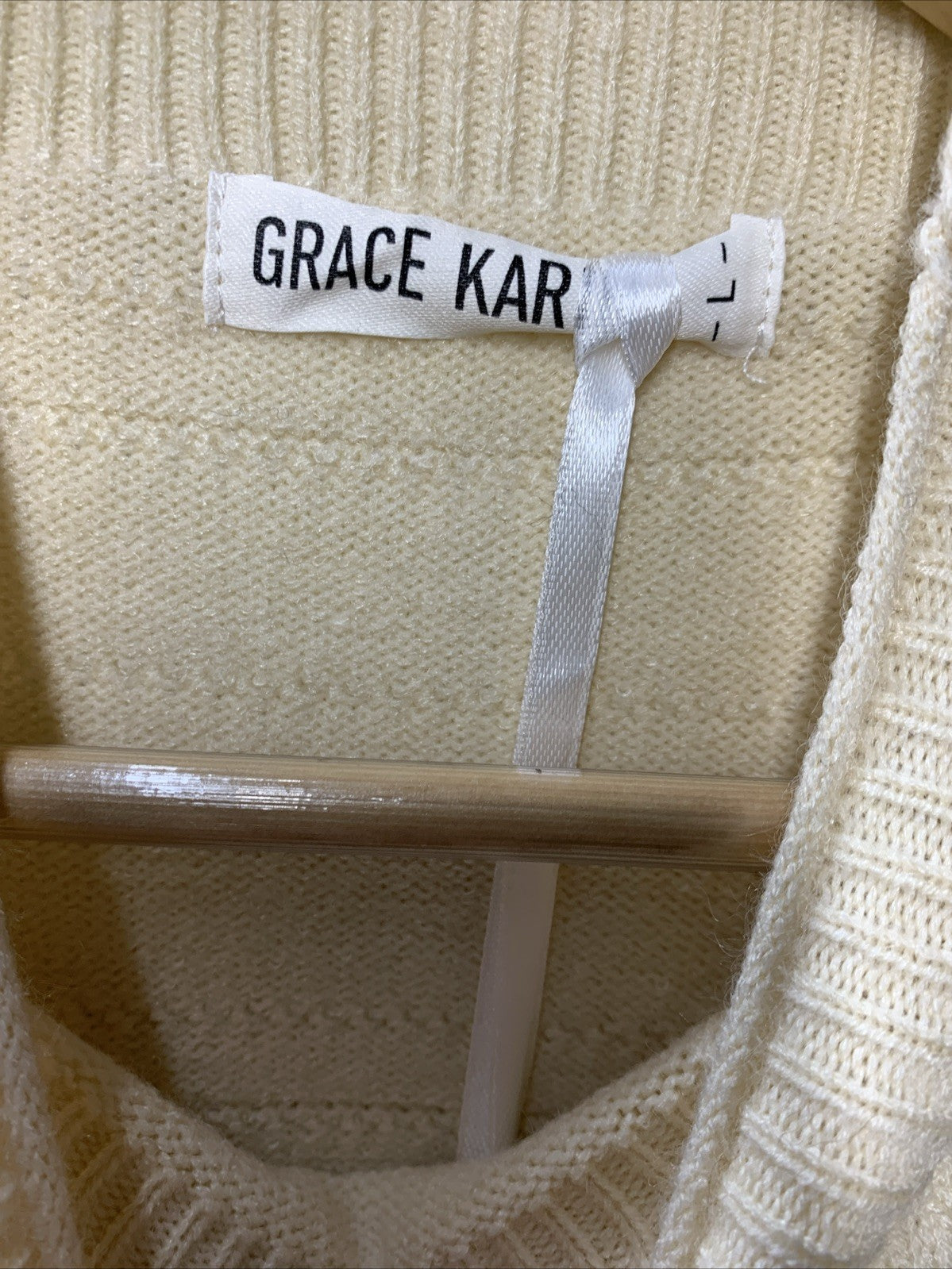 GRACE KARIN Striped Cap Sleeve Knit Sweater Crop Top Oversized Off White/Black L