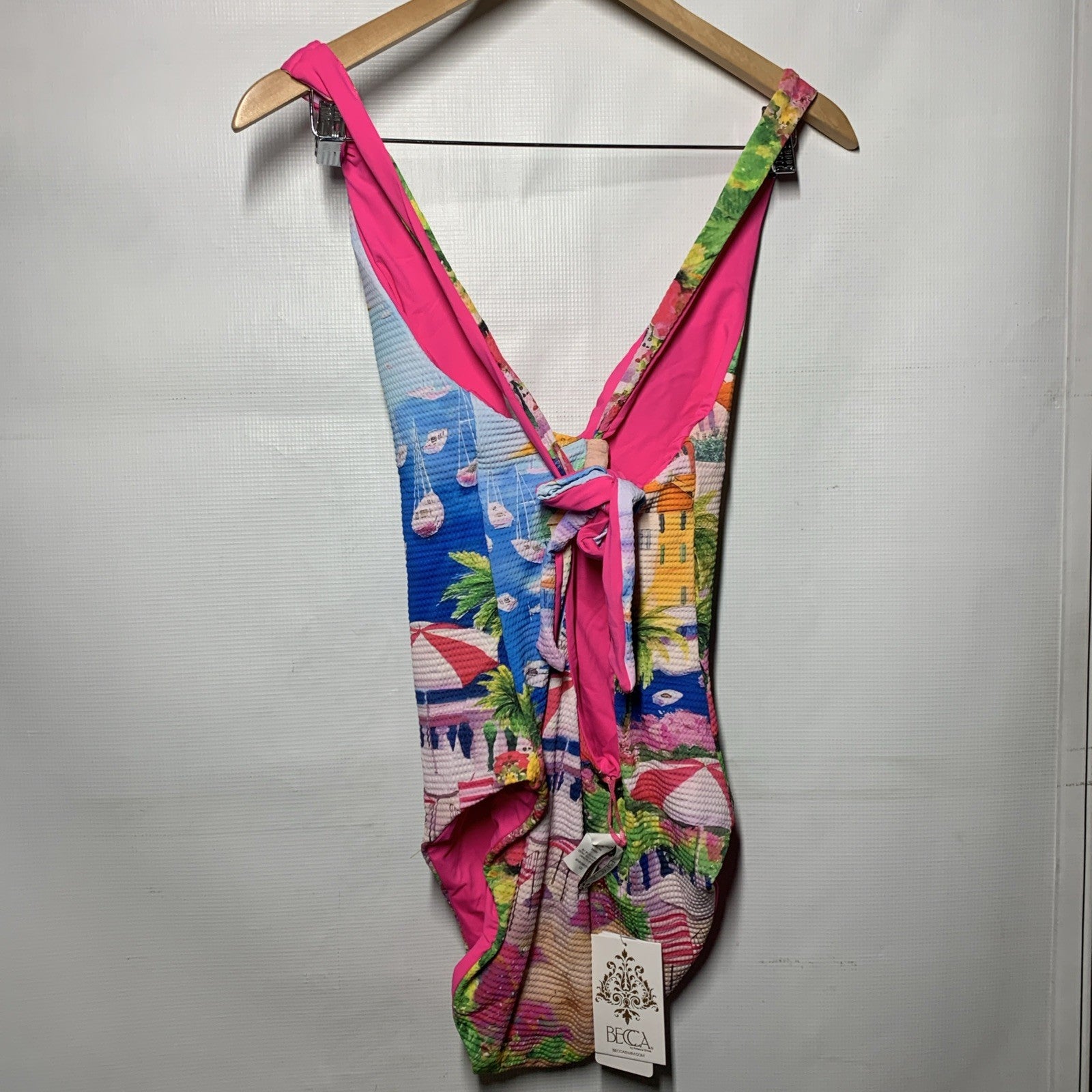 Becca Womens Positano One Piece Swimsuit With Plunge Neck, Reversible Size Large