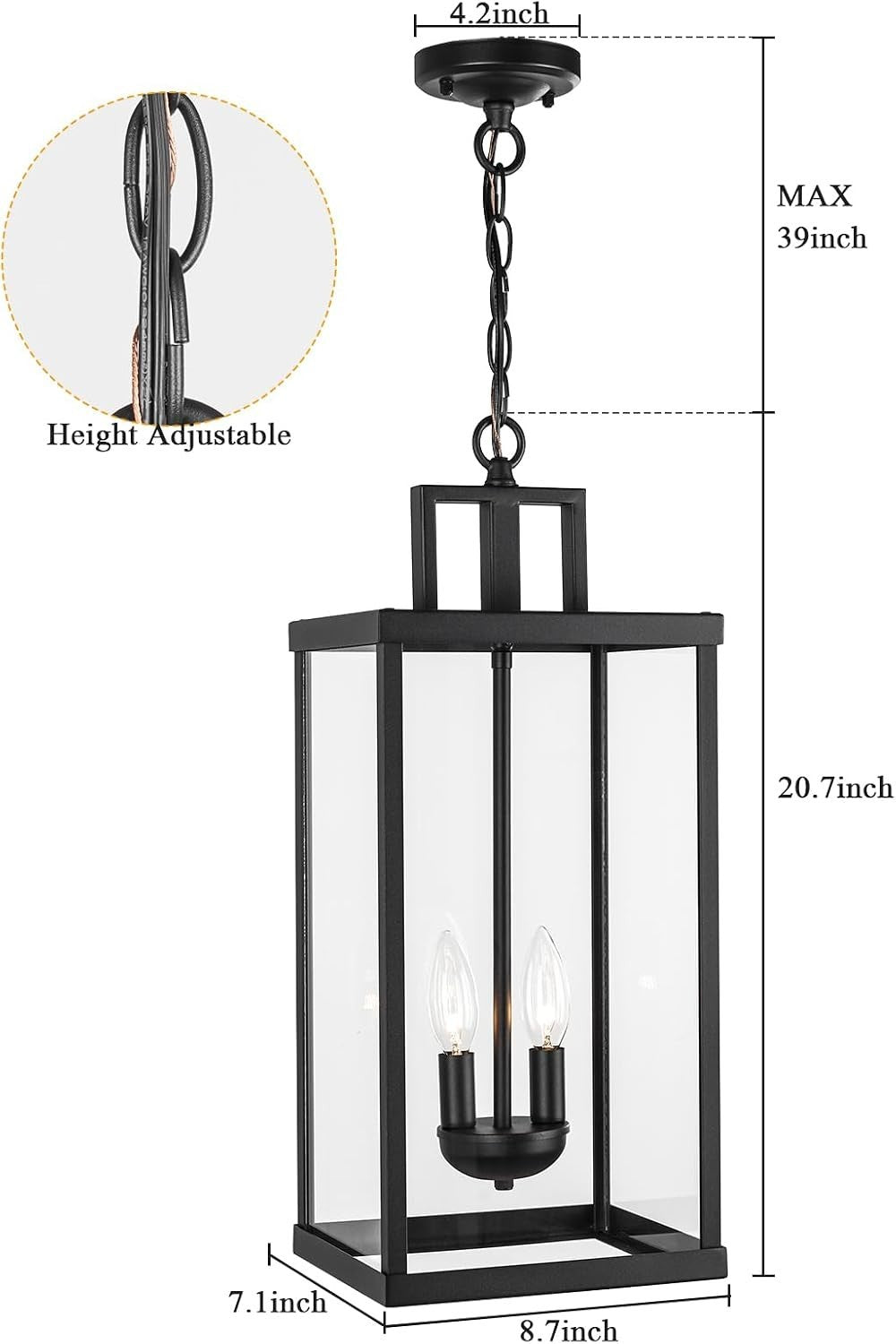 21'' Outdoor Pendant Lantern 2-Light Modern Black Exterior Chandelier Clear Glas