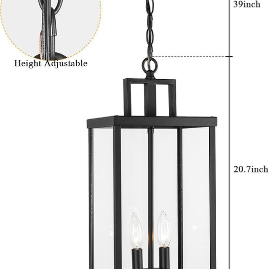 21'' Outdoor Pendant Lantern 2-Light Modern Black Exterior Chandelier Clear Glas