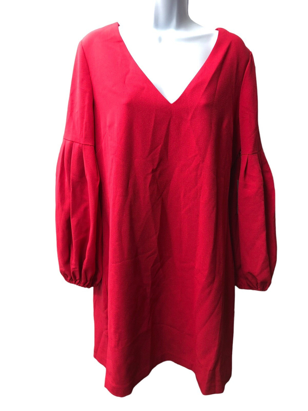 Red Chelsea28 women's balloon sleeve shift dress with V-neck, size 10, featuring casual style and comfortable fit.