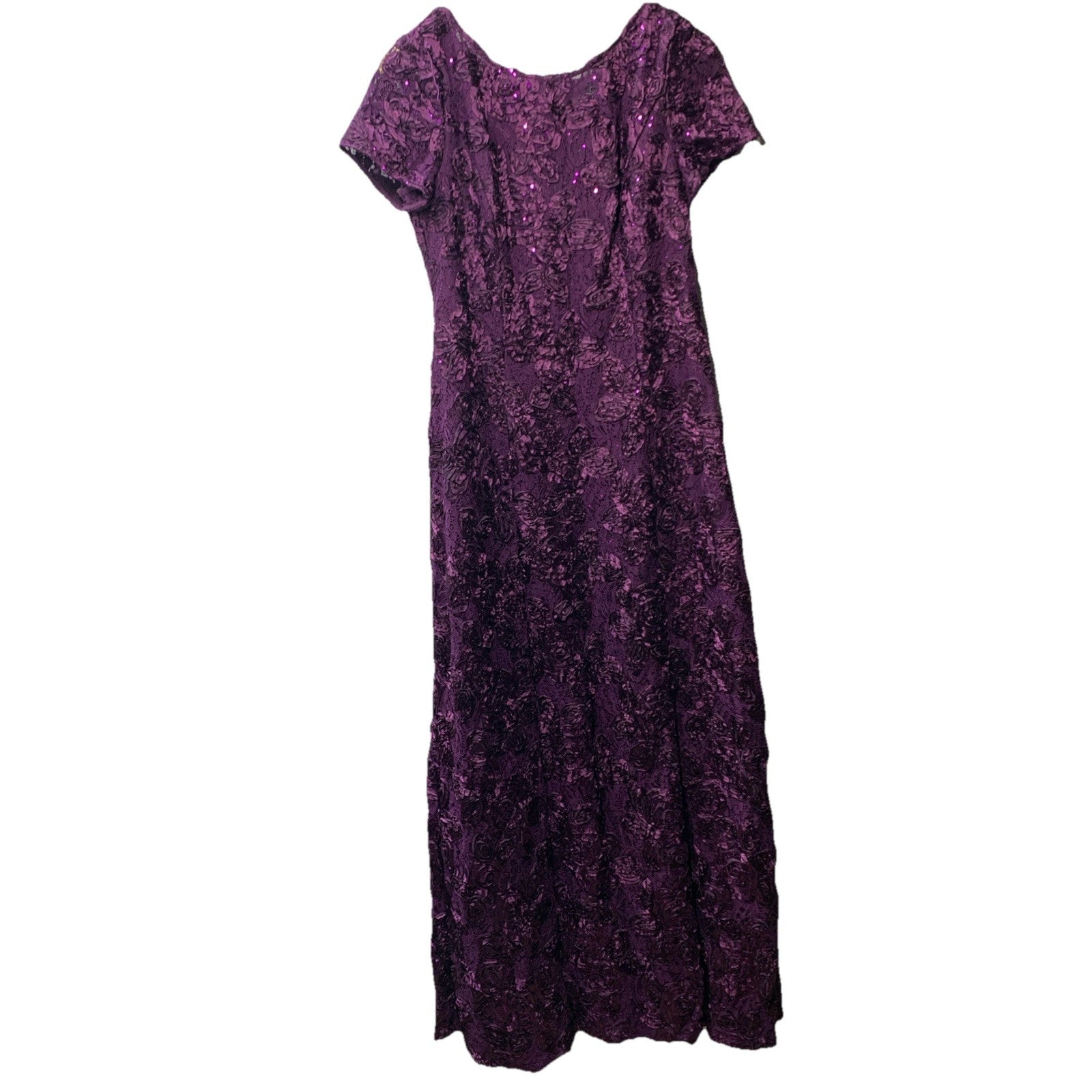 Alex Evenings Women's Long Rosette Lace Cap Short Sleeve Gown Elegant Size 12