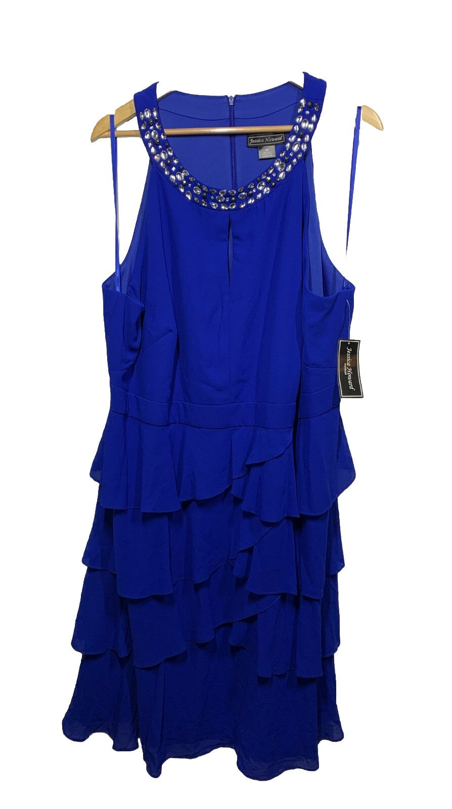 Jessica Howard Women's Halter Bejeweled Ruffle Chiffon Midi Dress Size 22W Blue