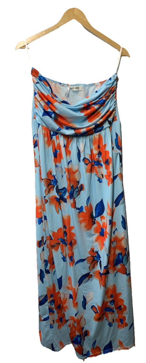 GRACE KARIN Women Strapless Casual Loose Ruched Long Maxi Dress Floral Size L