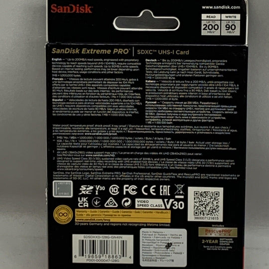 SanDisk Extreme PRO 128GB UHS-I U3 SDXC 200MB/s 4K Memory Card SDSDXXD-128G