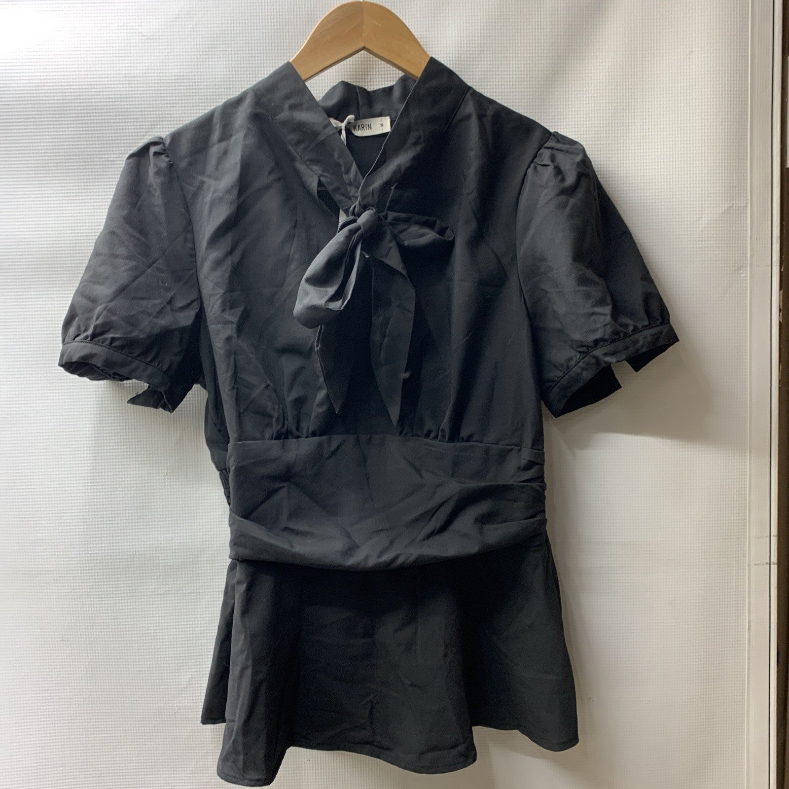 GRACE KARIN Women's Office Bow Tie Blouse Short Puff Sleeve Peplum Blue Size Med