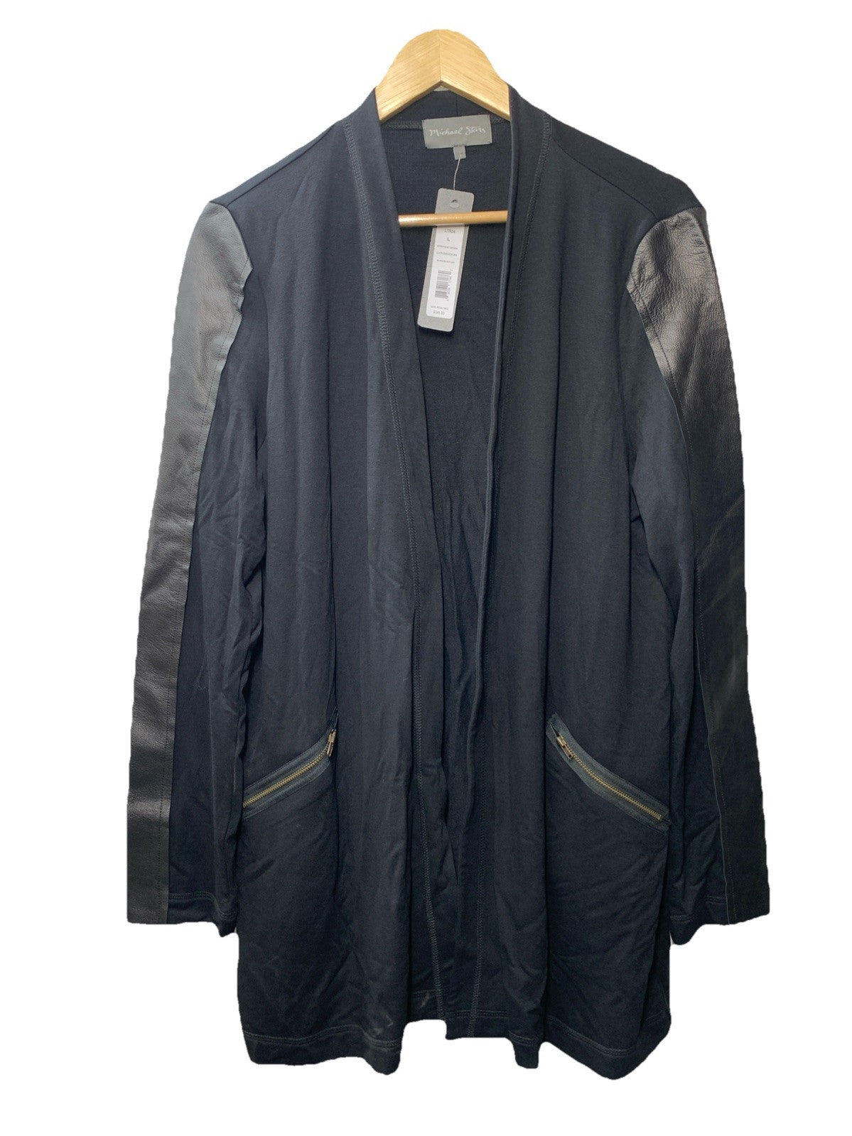 Michael Stars Women’s Faux Leather Patchwork Open Front Cardigan LG Long Sleeve