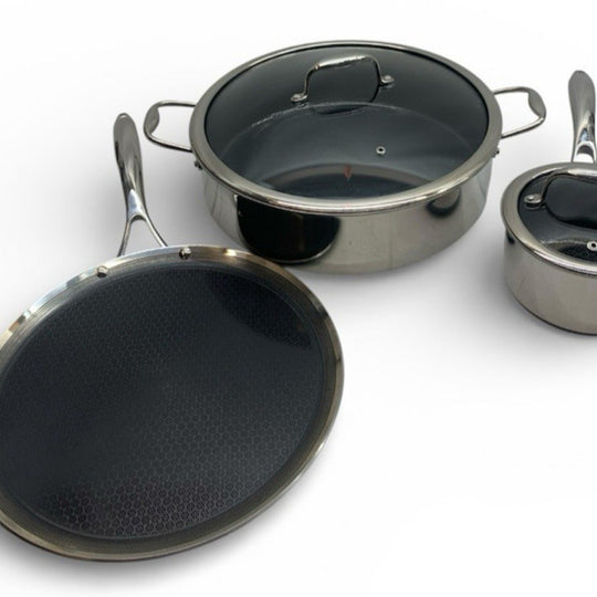 HexClad Hybrid Stainless Steel Cookware 5Piece Set w/Cover Lid & Griddle - USED