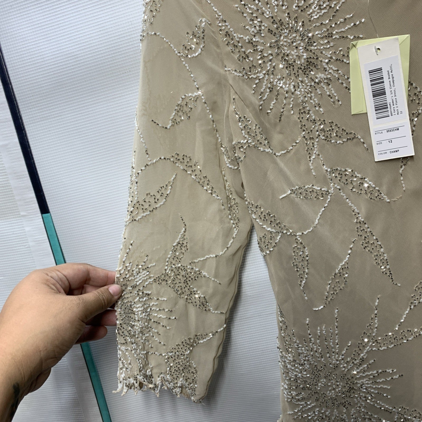 J Kara Women Scoop Neck 3/4 Sleeve Beaded Top Evening Long Dress Pull-on Size 12