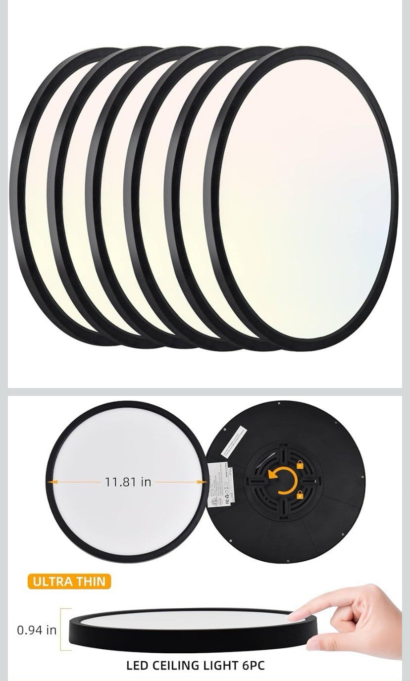 12 inch LED Ceiling Light Fixtures 120VAC 24W 60Hz Slim RCLR13-3CT-B - 6 PACK