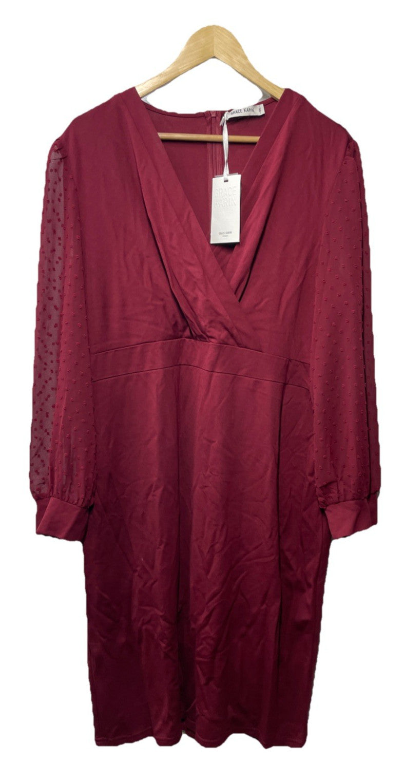 GRACE KARIN Women's Pencil Work Dresses Long Sleeve Wrap Size 3XL Red V-neck