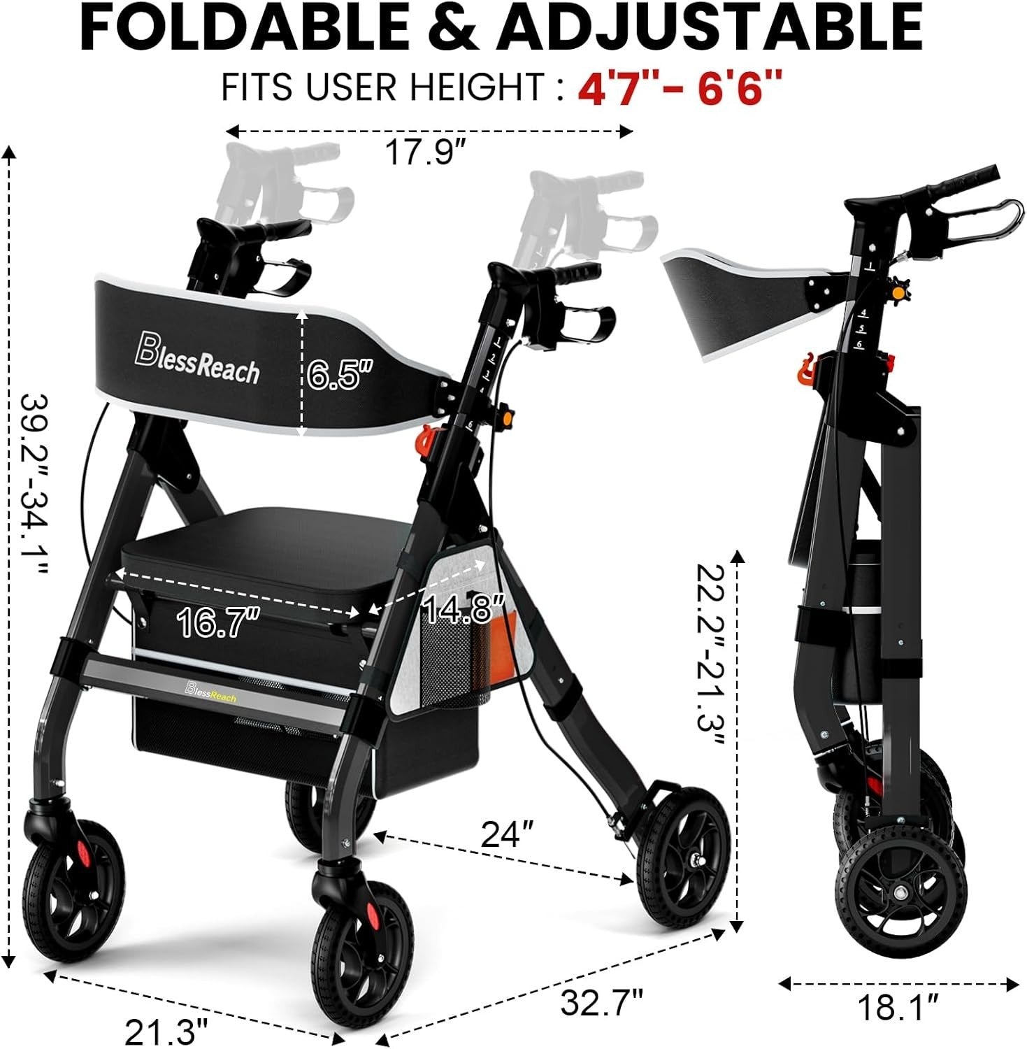 BlessReach Heavy Duty Rollator Walker For Seniors Wide Seat Backrest 450lbs