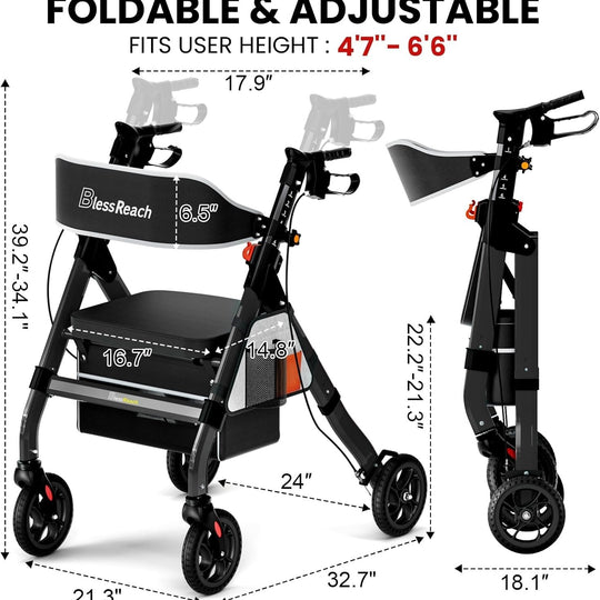 BlessReach Heavy Duty Rollator Walker For Seniors Wide Seat Backrest 450lbs