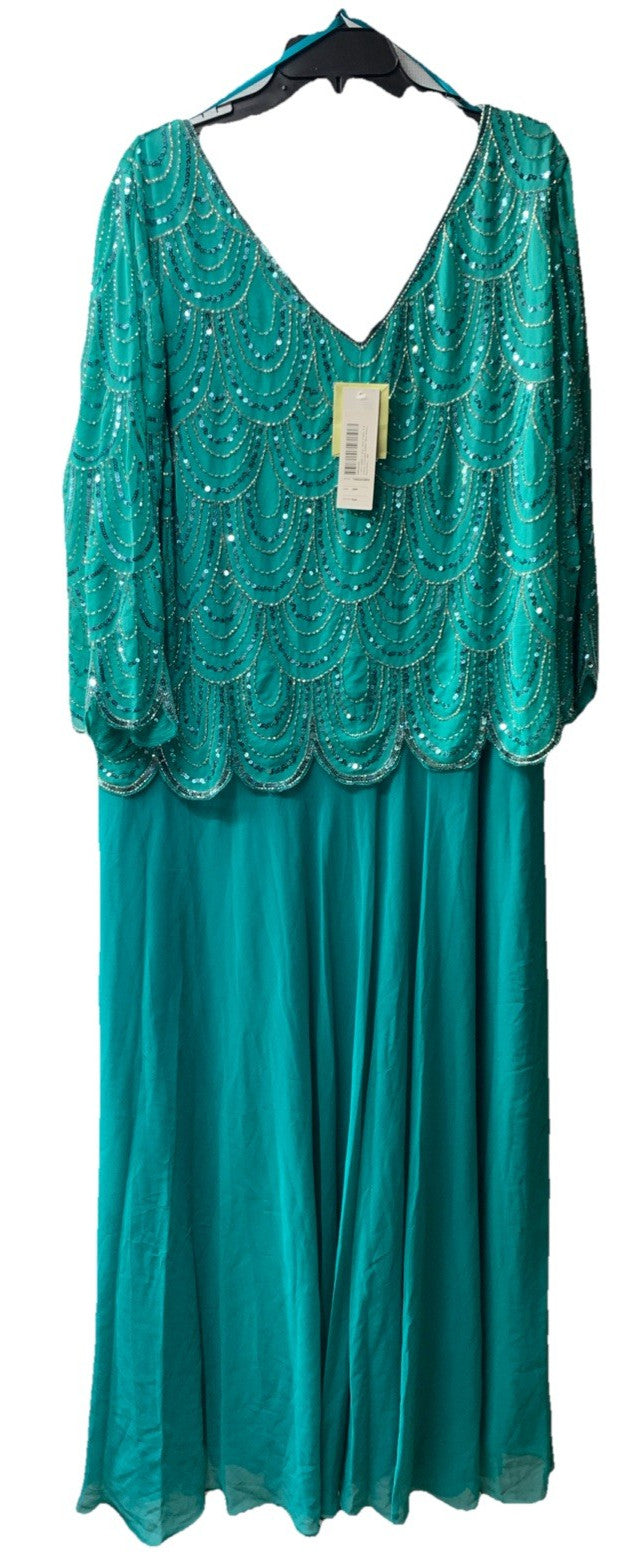 J Kara Women's V-neck Beaded Bodice Pop Over Long Dress, Aqua/Multi, Size 20W
