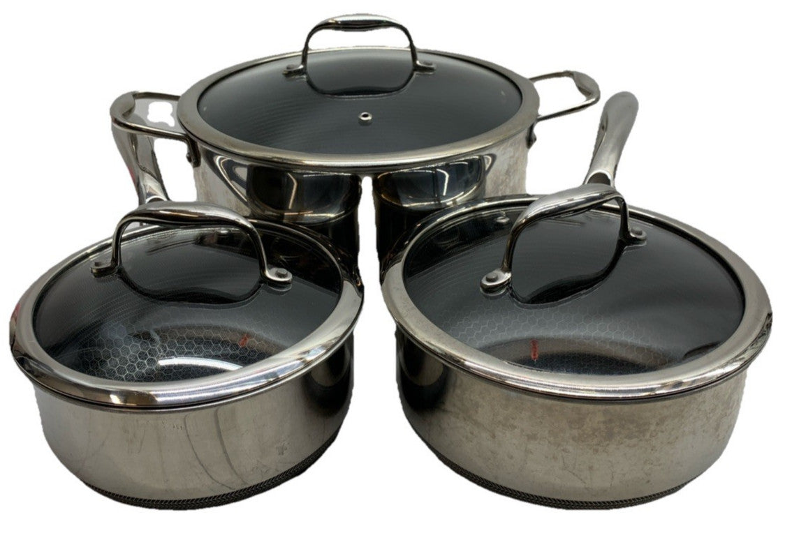 HexClad Hybrid Nonstick 6-Piece Pot Set 8, 3 & 2 Qt Pots with Cover Lids - USED