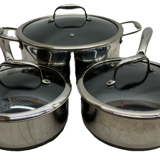 HexClad Hybrid Nonstick 6-Piece Pot Set 8, 3 & 2 Qt Pots with Cover Lids - USED