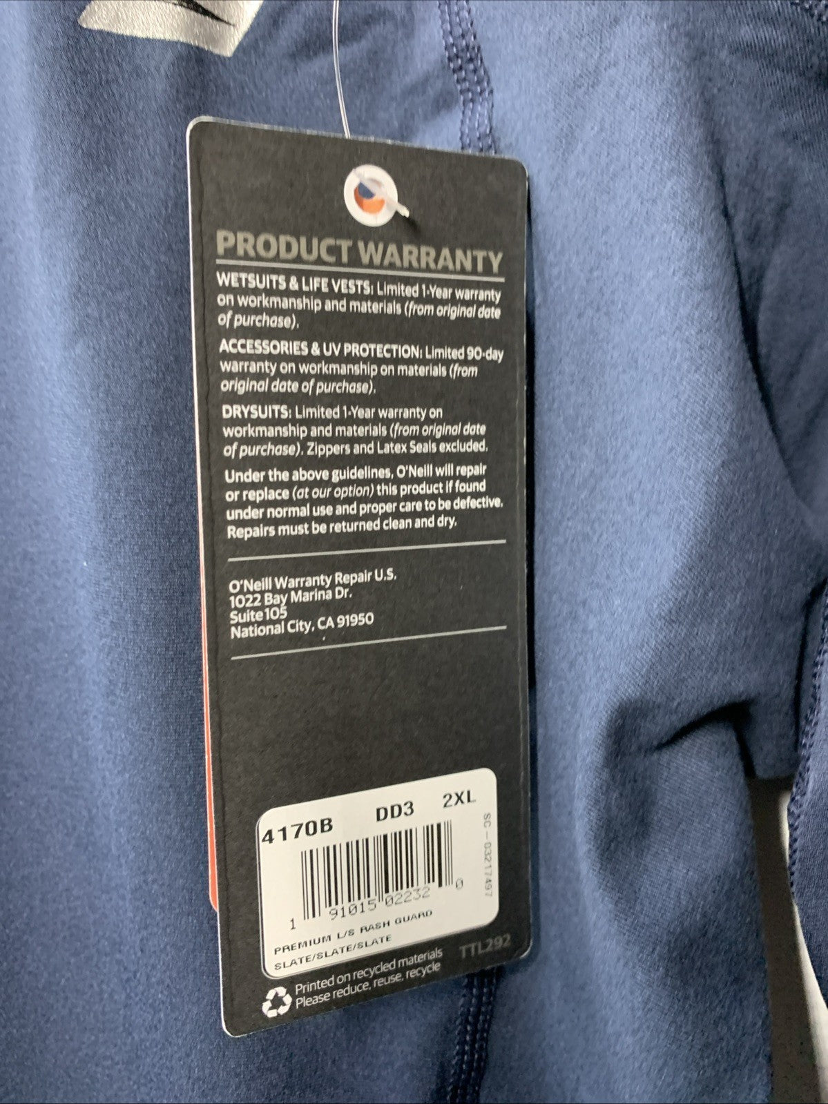 O'Neill Premium Skins Men's Rash Guard Size 2XL Slate Long Sleeve for Surfing..