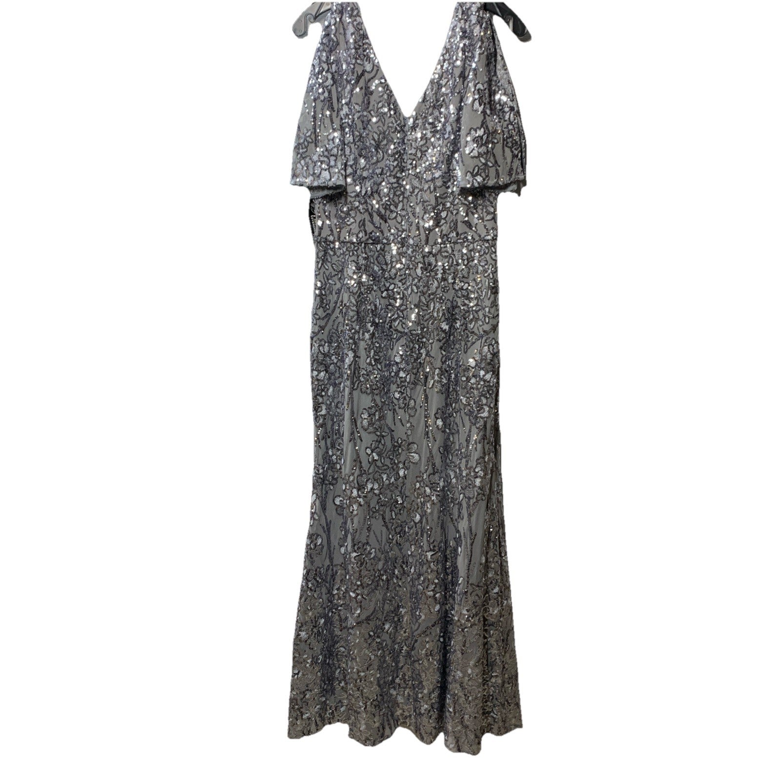 Alex Evenings Women's Long Sequin Dress with Flutter Sleeves V-neck Size 16