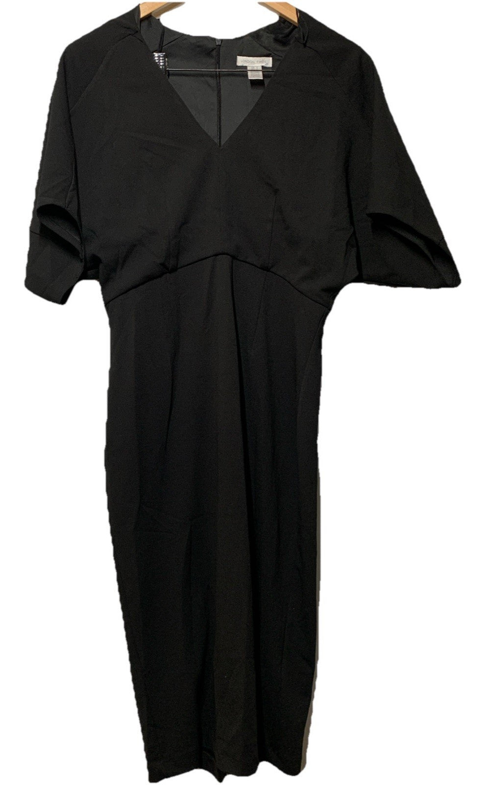 London Times Women's Black Midi Dress V-Neck Office Formal Short Sleeve Size 4
