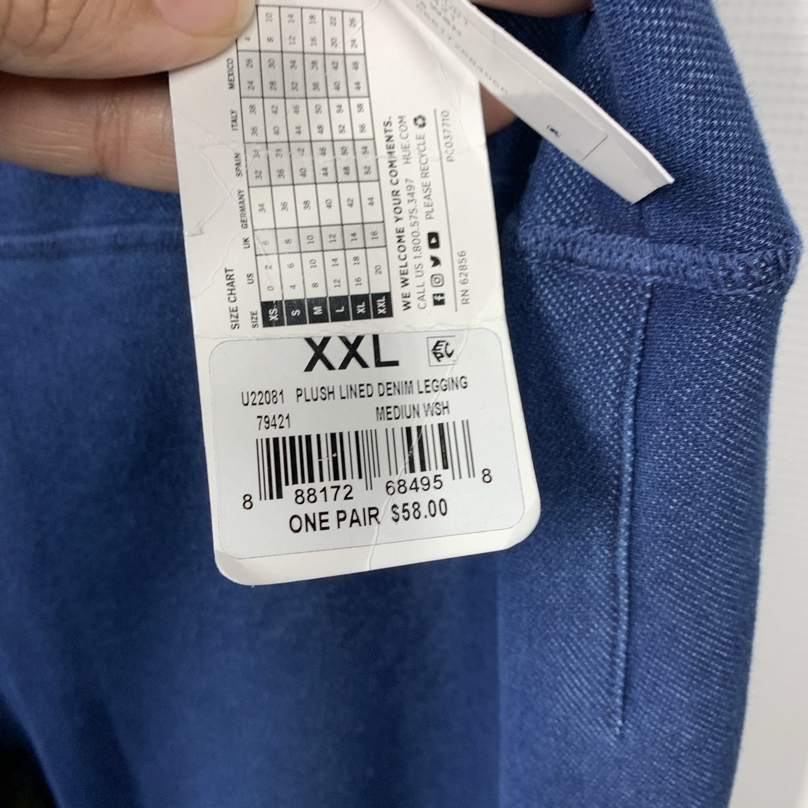 Hue Womens Legging Size XXL Furry Lined Stretch Denim Blue Pull On Plush Lined