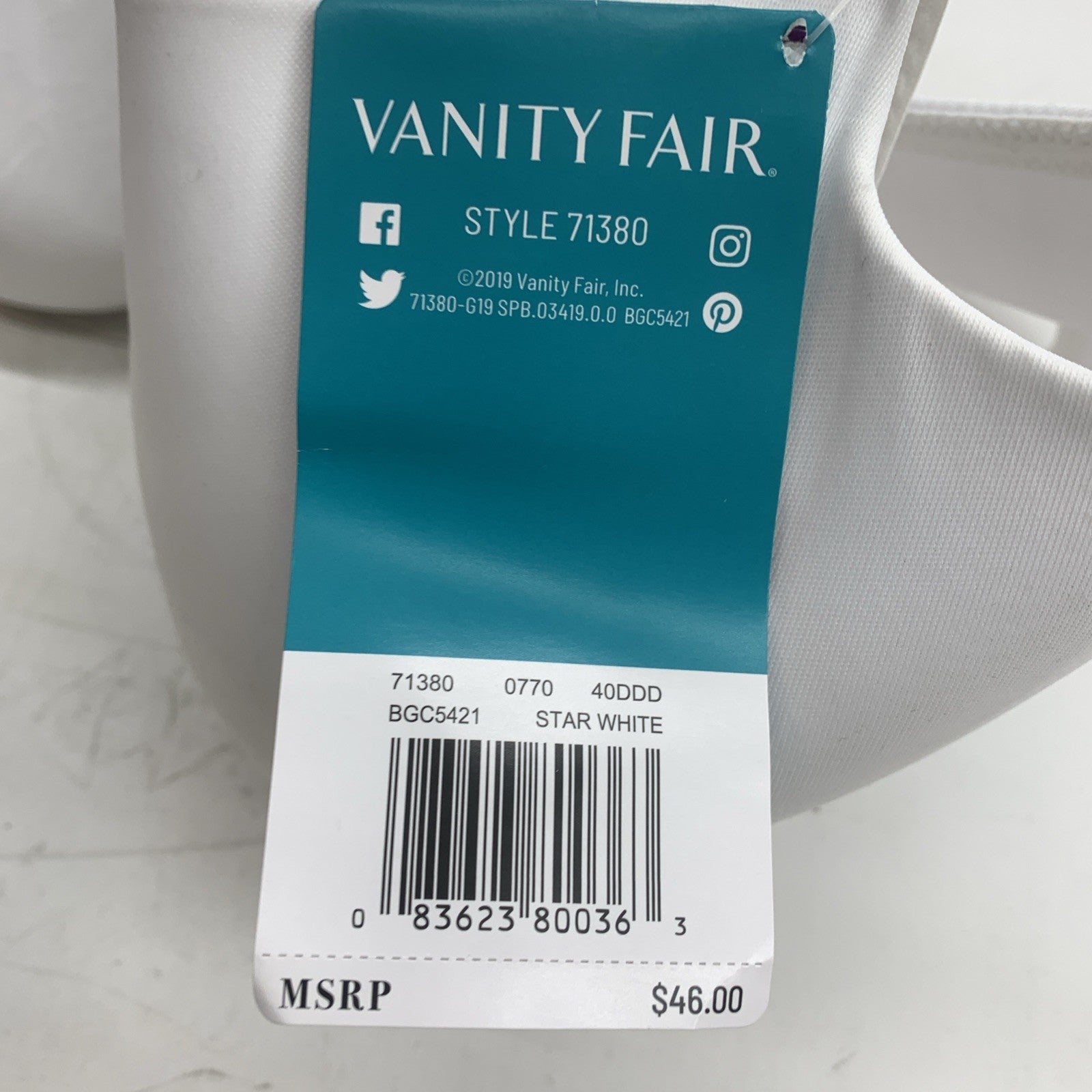 Vanity Fair Women's Full Figure Beauty Back Smoothing Bra 71380 White Size 40DDD