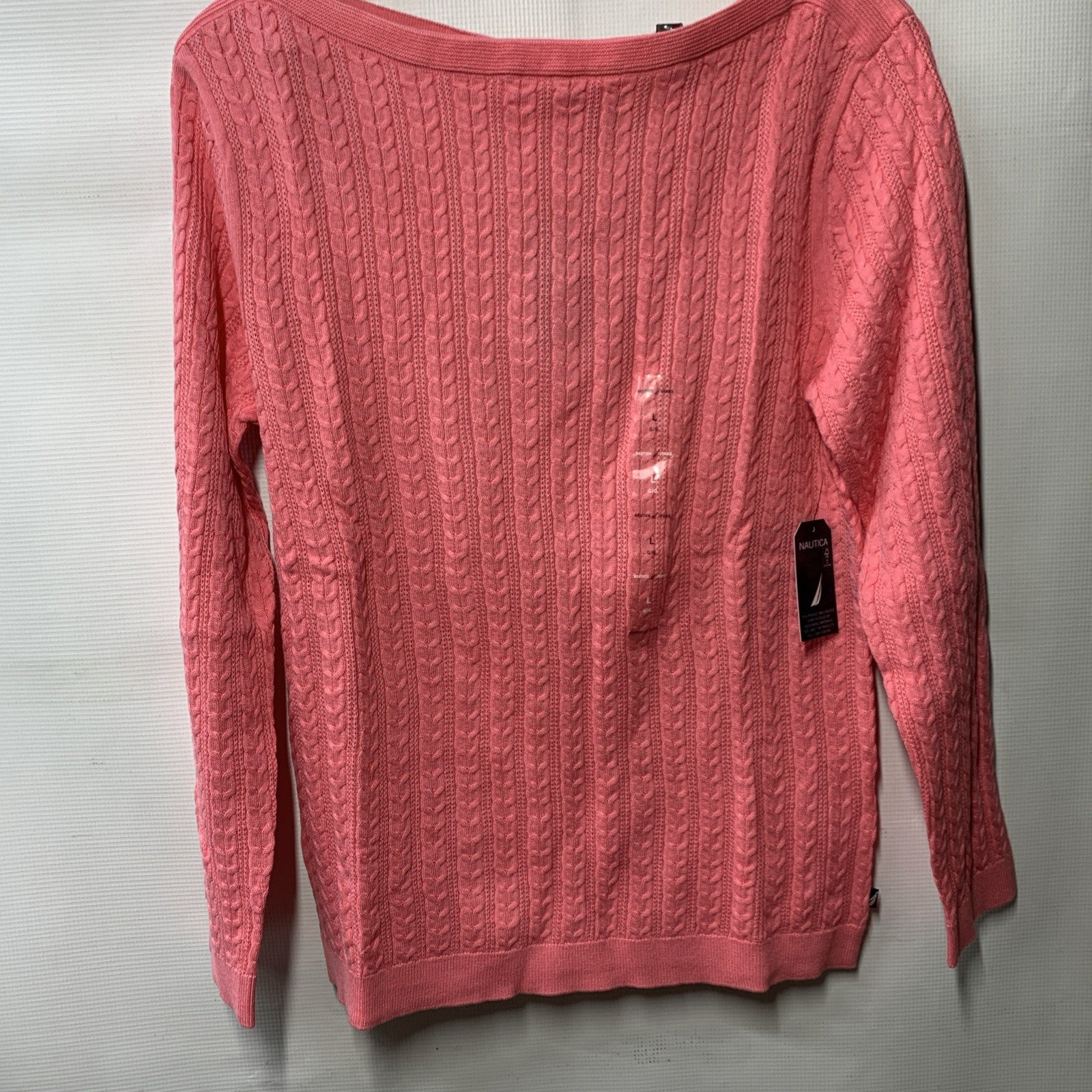 Pink Nautica women's cable knit sweater with long sleeves and boatneck, made of cotton, size L, from The Family Flips.