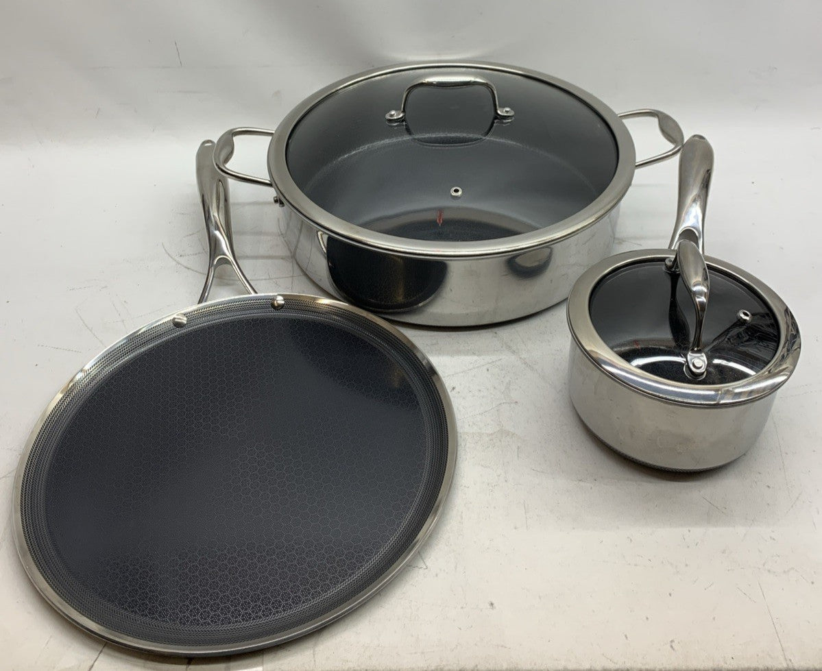 HexClad Hybrid Stainless Steel Cookware 5-Piece Set w/Cover Lid & Griddle USED