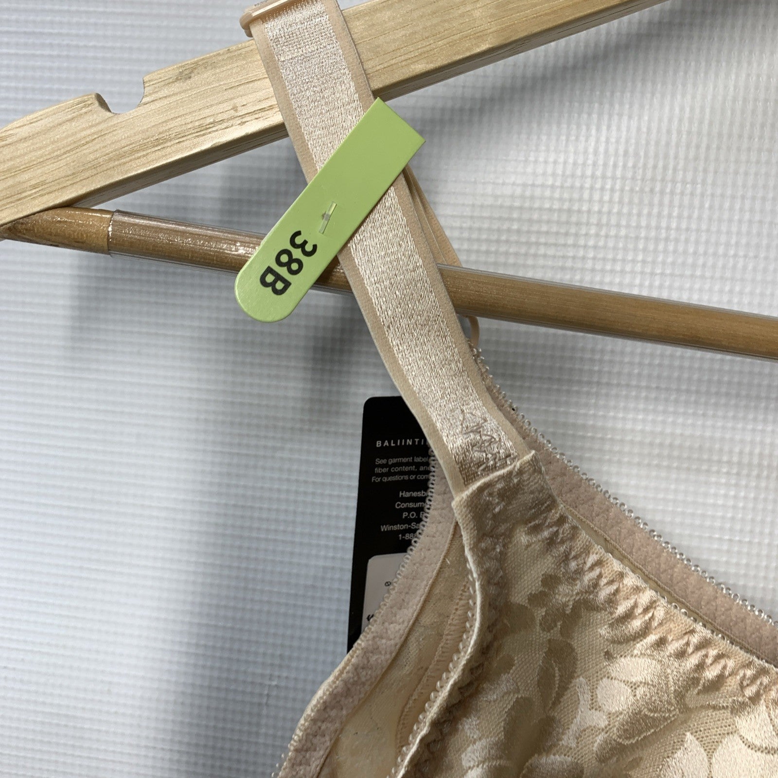 Nude Bali Bra 38B by The Family Flips, double support lace wireless bra with cool comfort design, front view.