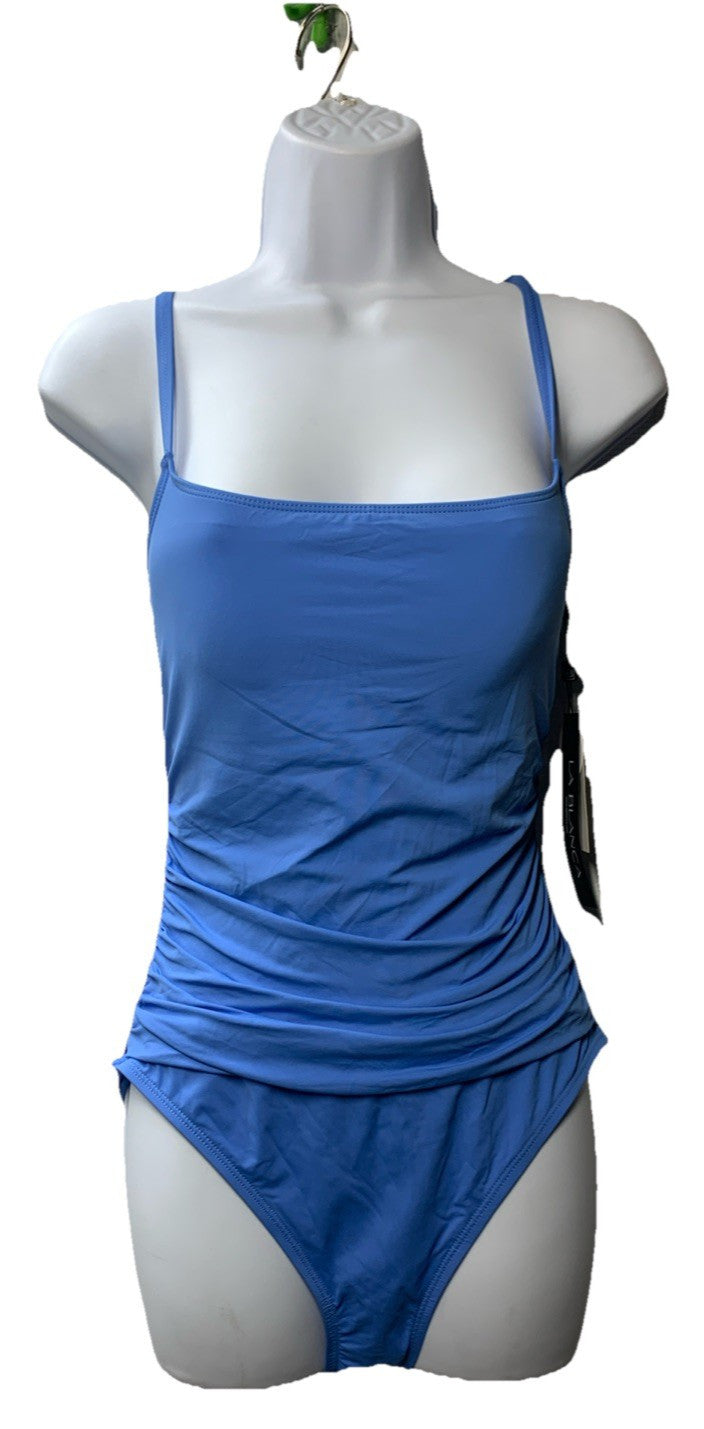 La Blanca Blue One Piece Island Goddess Shirred Side Bathing Suit 10 Swimwear