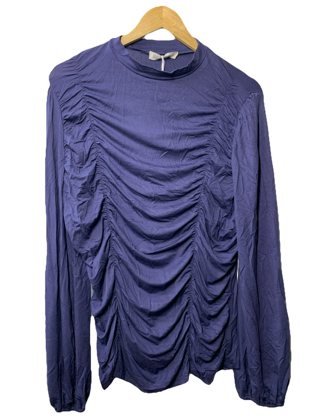 GRACE KARIN Long Lantern Sleeve High-Neck Ruched Front Fitted Blouse Size 2XL