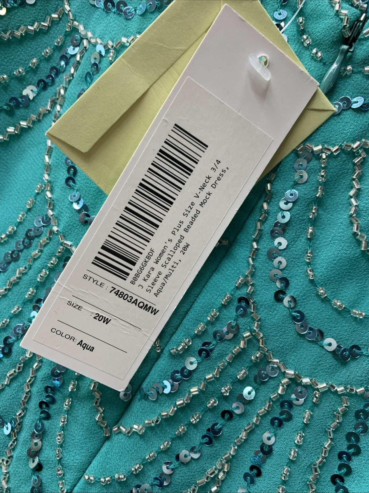 J Kara Women's V-neck Beaded Bodice Pop Over Long Dress, Aqua/Multi, Size 20W
