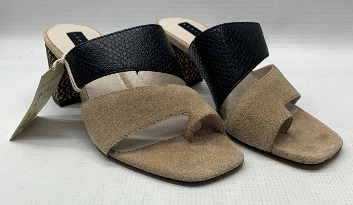 Sanctuary Women's Leather Cafe and Black Brisk Heeled Sandals Size 5.5 Slip-on