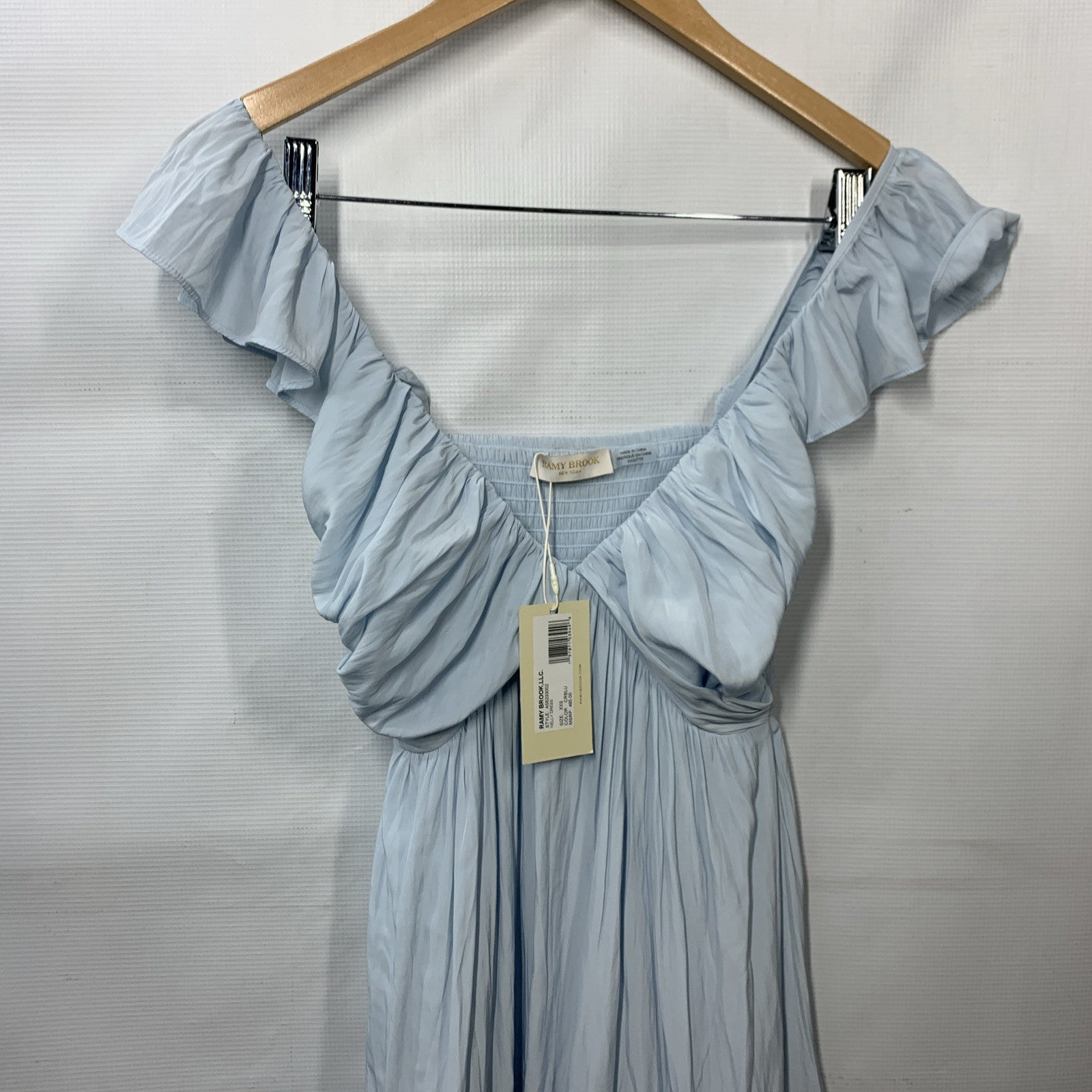 Ramy Brook Dress Satin Tiered Ruffle Baby Blue Nelly Smocked Dress XXS V-Neck