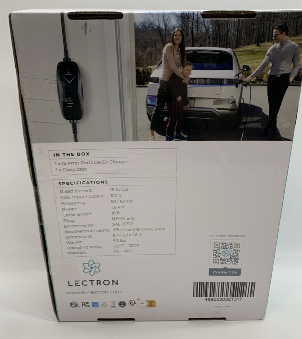 Lectron Level 1 EV Charger - ETL Certified, 110V, 15 Amp, 16 ft Extension 120V