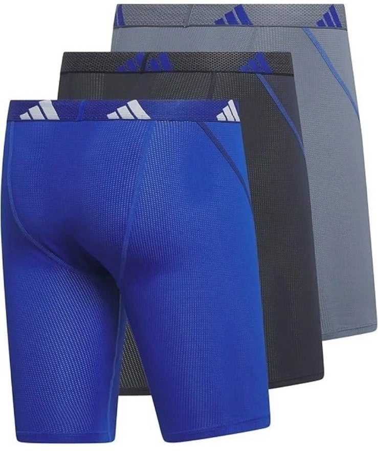 Men's Adidas 3-Pk Sport Performance Mesh Long-Leg Boxer Briefs M Blue/Gray/Black