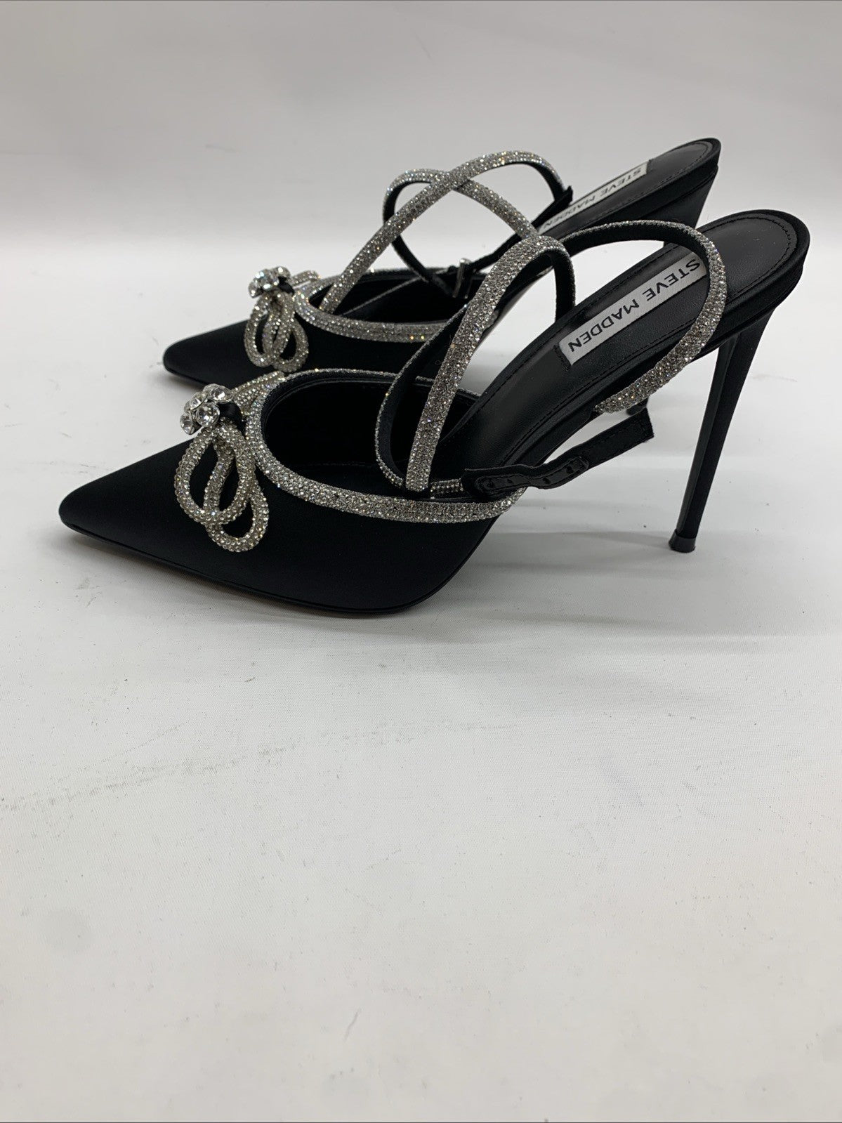 Steve Madden Viable High Stiletto Embellished Ankle Strap Size 10 Satin Black