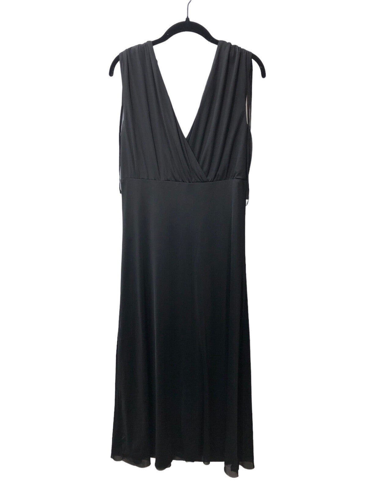 Black Anne Klein sleeveless midi dress with V-neck and empire waist, size MD, styled on a hanger.