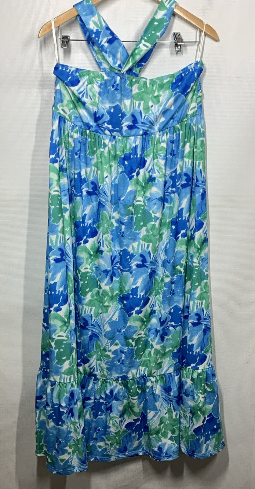 GRACE KARIN Halterneck Sleeveless Boho Flowy Ruffle Beach Dress Blue/Green Large