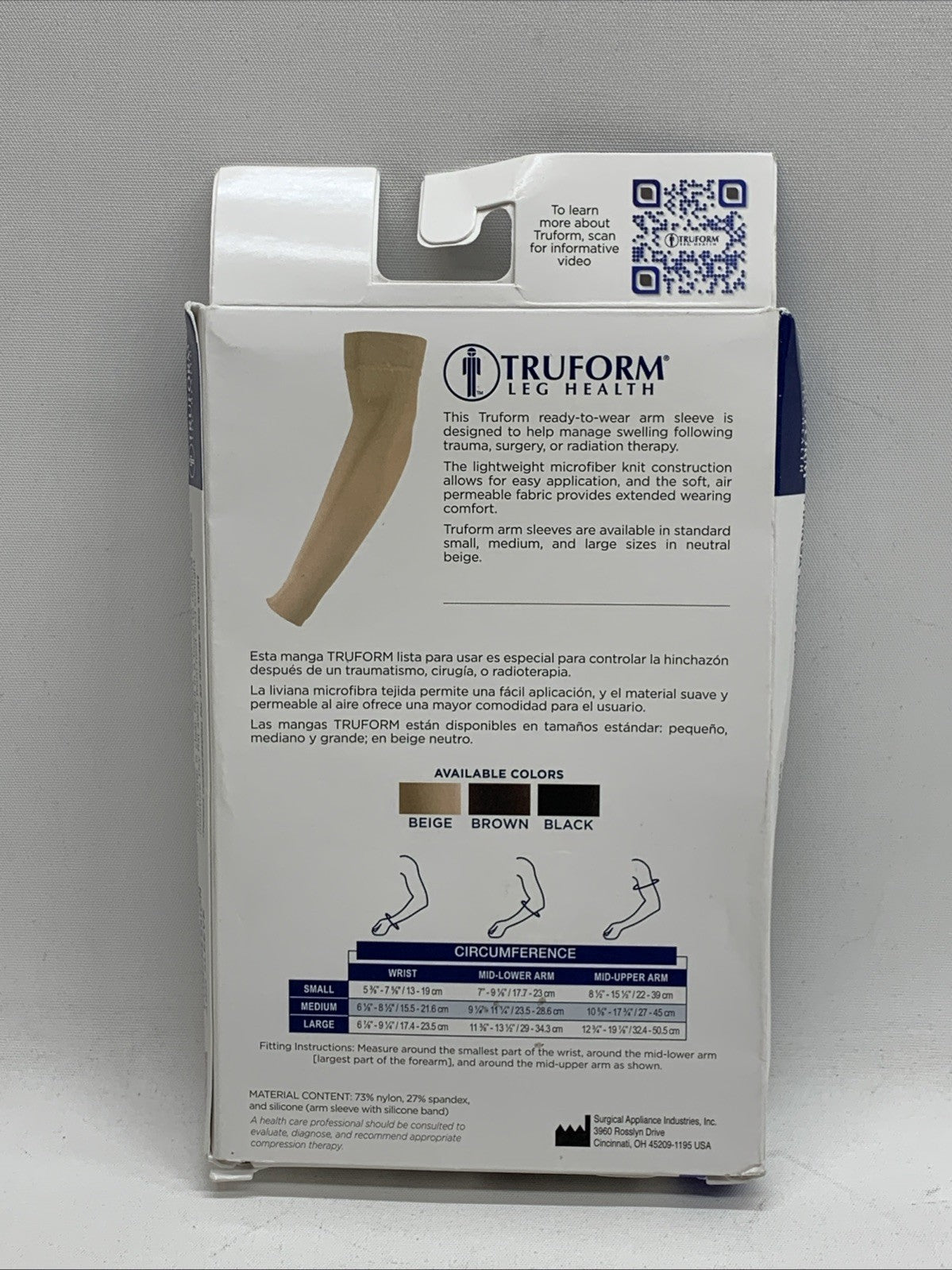 Truform Leg Health Compression Arm Sleeve 20-30mmHg Size Large 3326BG-L Beige
