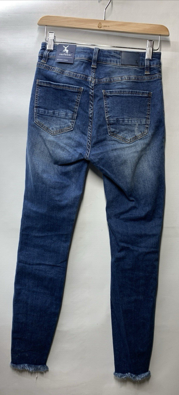 Resfeber Women's Ripped Boyfriend Jeans Stretch Skinny Jean Size 4 Long Pants