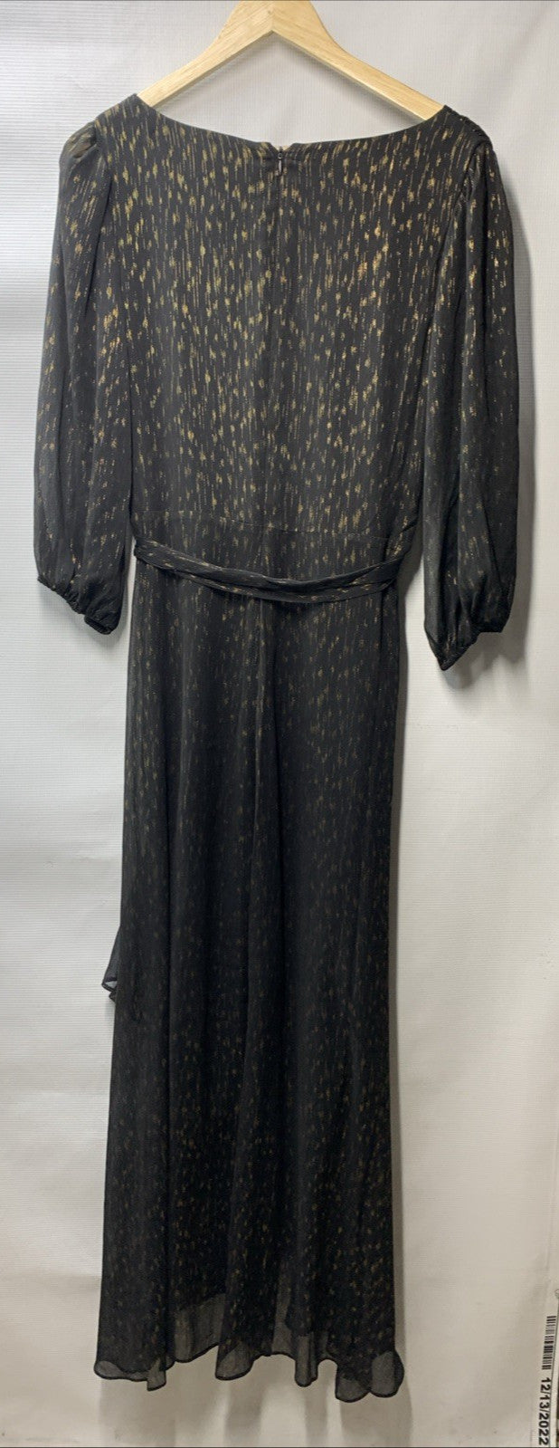 Black DKNY women's cold shoulder gown with double straps and 3/4 sleeves, size 12, elegant evening dress.