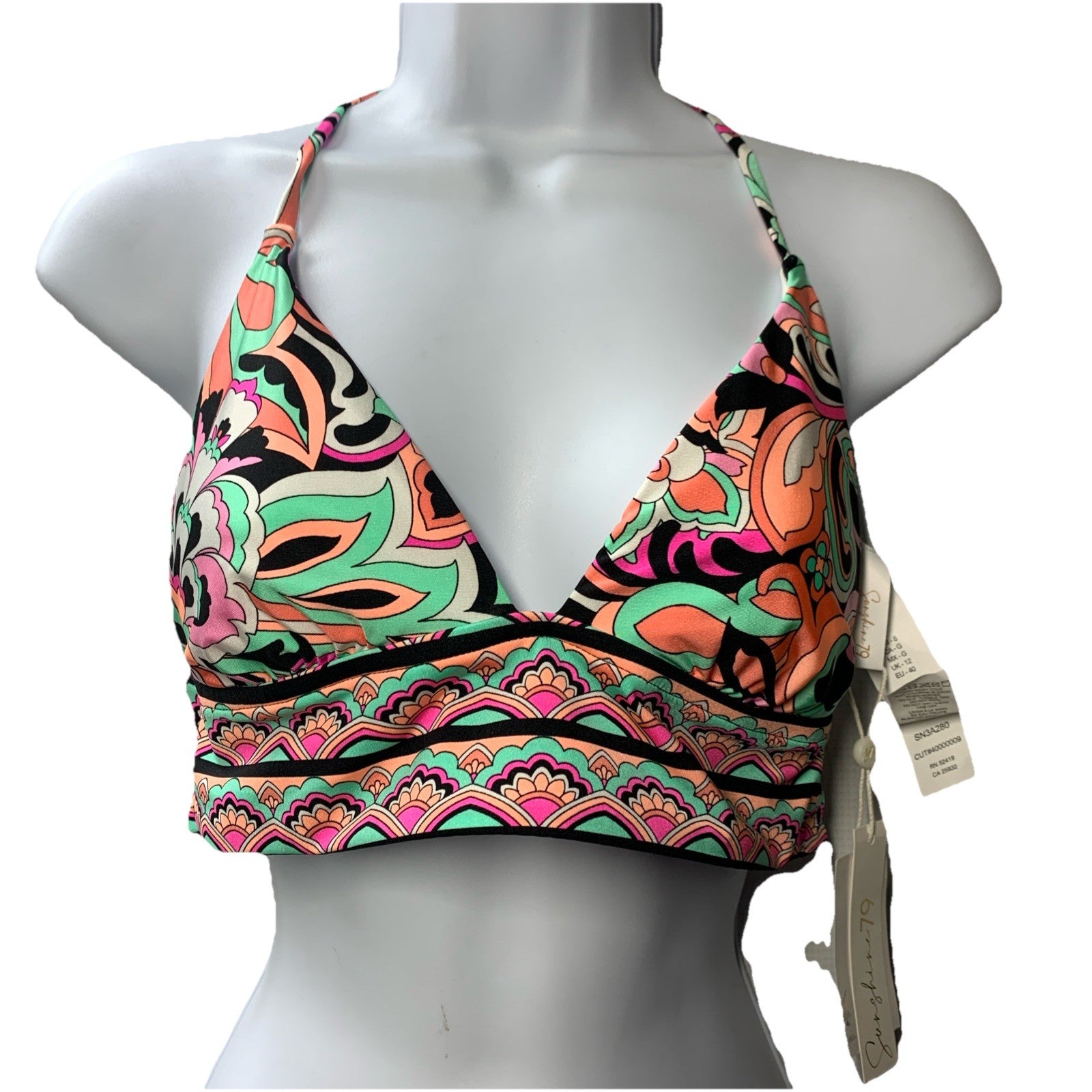 Sunshine 79 Women's Triangle Halter Bikini Swimsuit Top Size 8 Multi-Color 52419