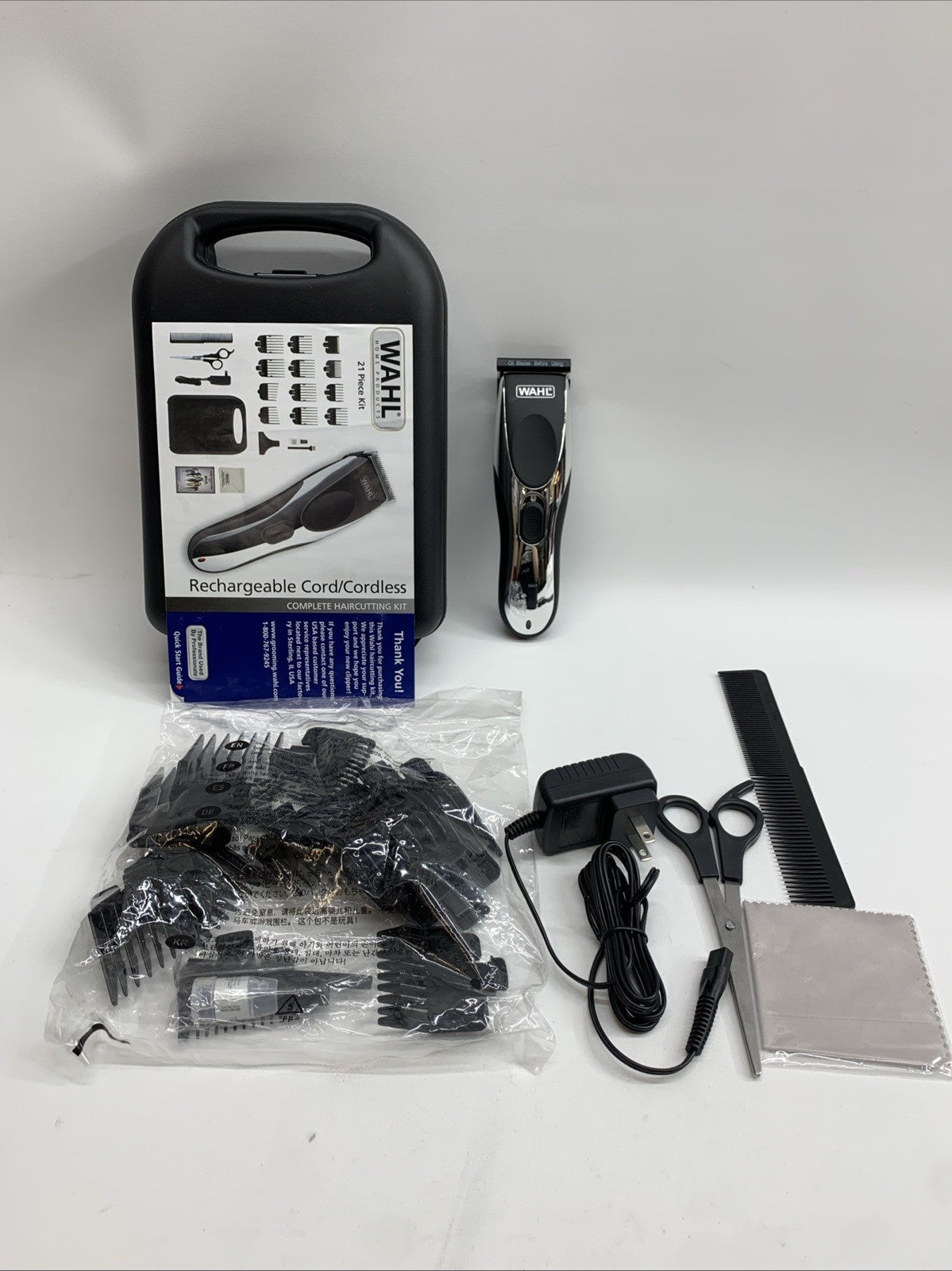 Wahl Clipper Hair Cutting Rechargeable Cord/Cordless 21 Pcs Set Stainless/Black