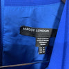 Black sleeveless Maggy London cowl neck dress with fluted skirt, size 14, featuring a stylish and elegant design.