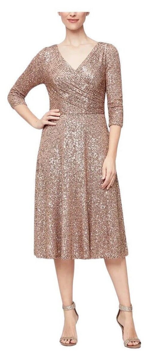 Gold sequin Alex Evenings women's A-line dress with 3/4 sleeves, size 12P, featuring elegant sequin detailing and a classic silhouette.