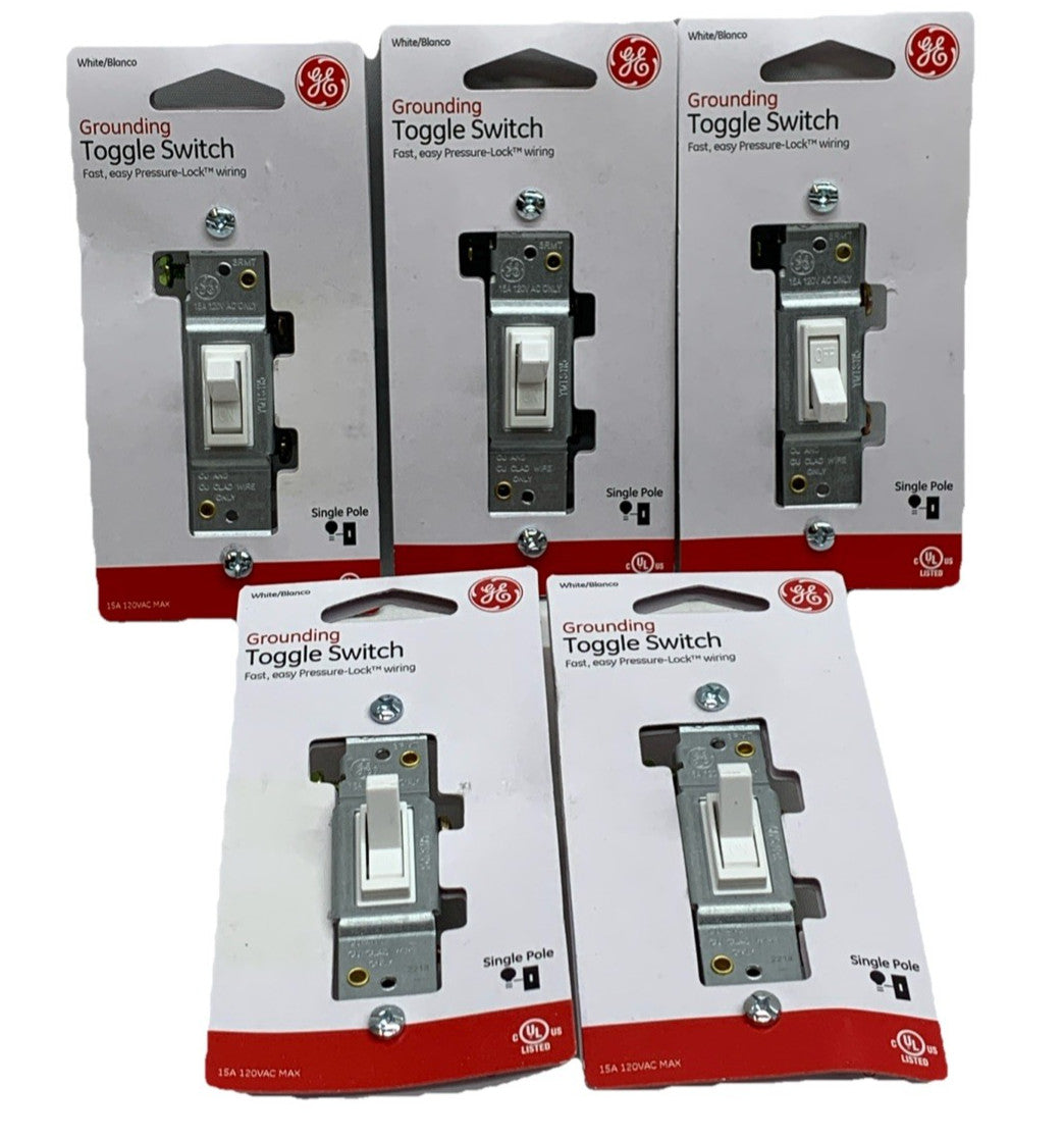 GE Grounding Toggle Switch, Single Pole In Wall On/Off for Home, Office - 5 Pack